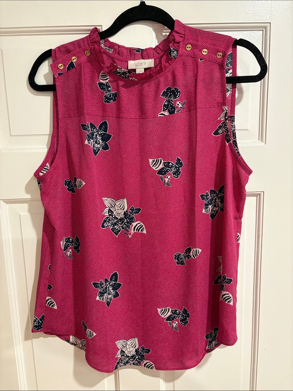 LOFT Hot Pink Floral Ruffle-Neck Sleeveless Top